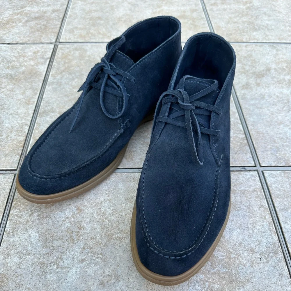 Brunello Cucinelli Navy Suede Chukka Boots with Tan Sole